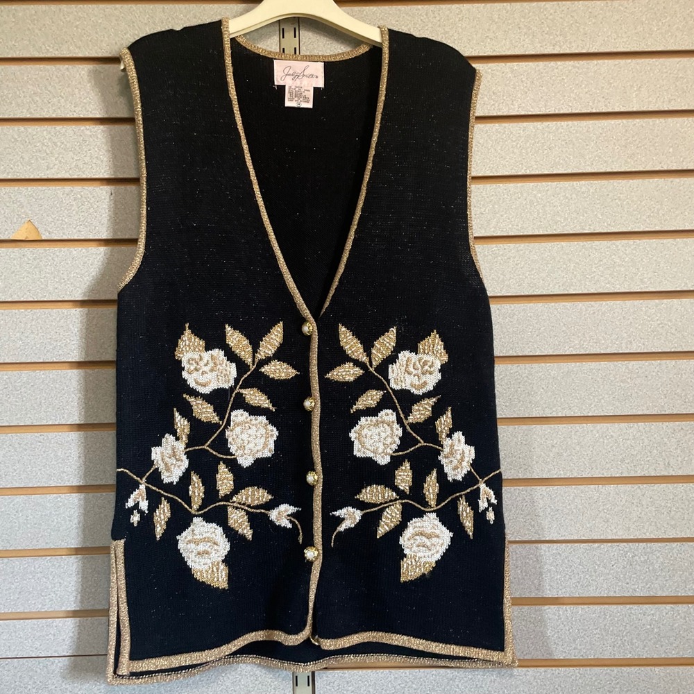 Jaclyn Smith Vintage Black Gold Metallic Floral Knit Vest Medium